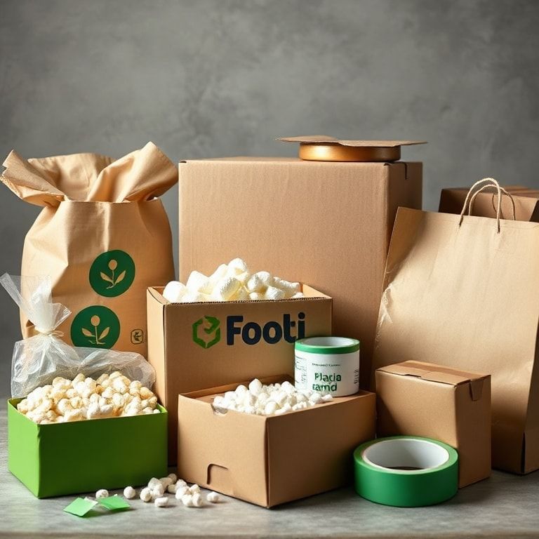 sustainable packaging materials such as recycled cardboard boxes, biodegradable packaging peanuts, eco-friendly bubble wrap,