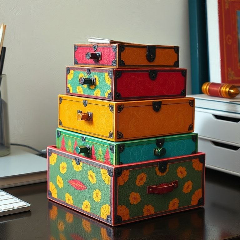 stylish and colorful paper mache nesting boxes neatly stacked on a desk, showcasing different tiers and compartments for small items, vibrant and eye-catching design