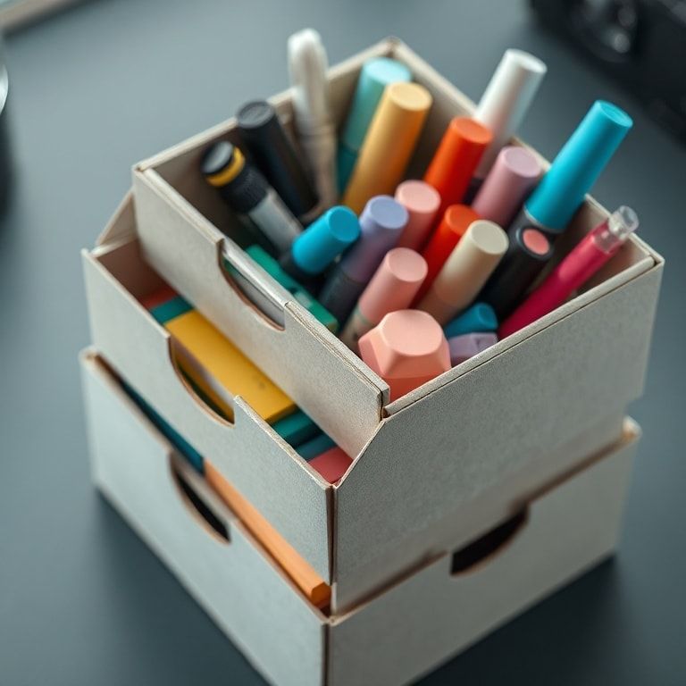 benefits - close-up of a 3-tiered paper mache nesting box filled with stationery items like pens, markers, and sticky notes,