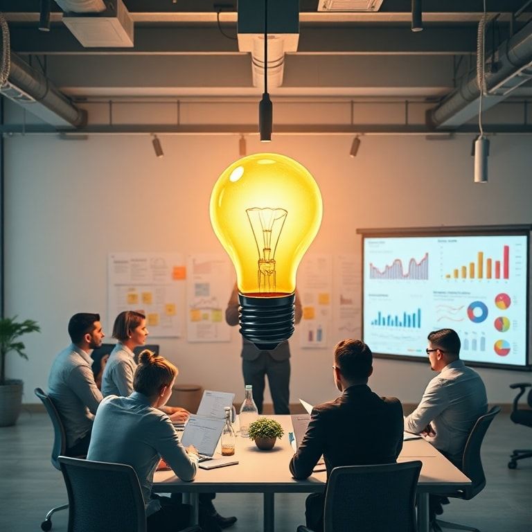 business innovation concept with light bulb symbolizing creativity and growth, modern office workspace with diverse team collaborating on innovative project, futuristic technology interface with digital data and analytics, creative brainstorming session with sticky notes and whiteboard, startup team meeting discussing new ideas, customer experience journey map with touchpoints and interactions, research and development lab with scientists conducting experiments, data analytics dashboard with charts and graphs, cross-functional team collaboration in action, trend forecasting workshop with industry experts
