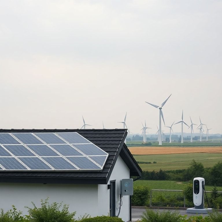 The Ultimate Guide to Sustainable Living 2 sustainable - Solar panels on a roof, wind turbines in a field, and electric car charging station