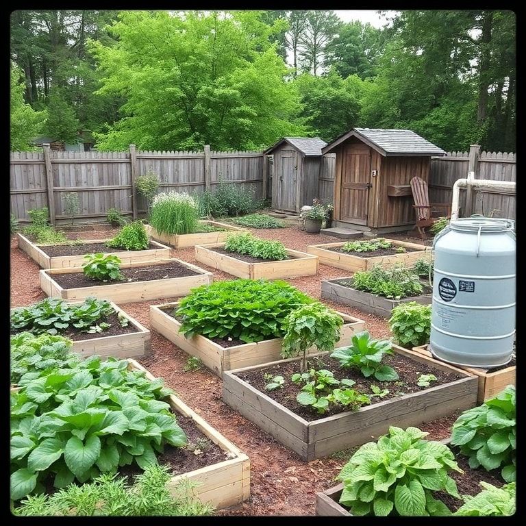 The Ultimate Guide to Sustainable Living 3 sustainable - Community garden with raised beds, compost bins, and rainwater harvesting system