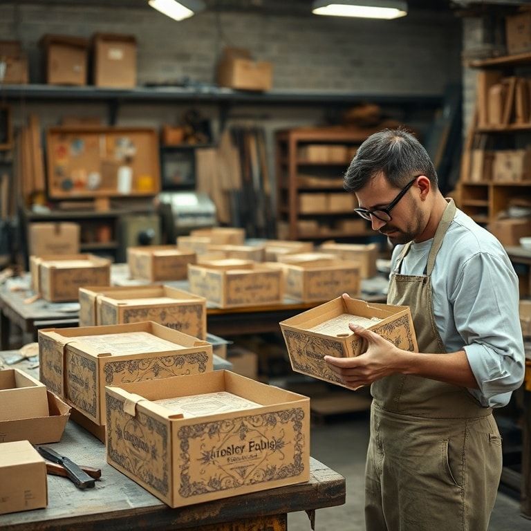 artisans crafting cardboard boxes with precision and care, using traditional tools and techniques, vintage workshop with wooden workbenches and hand tools, intricate cardboard box design with intricate patterns and details, artisan inspecting finished cardboard boxes for quality control, vintage packaging equipment in a traditional factory setting