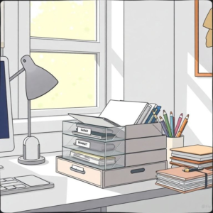 A neatly organized desk with a 3-tier paper tray, labeled compartments for documents, pens, and notebooks, minimalist and efficient workspace design, natural light streaming through a window, serene and focused atmosphere