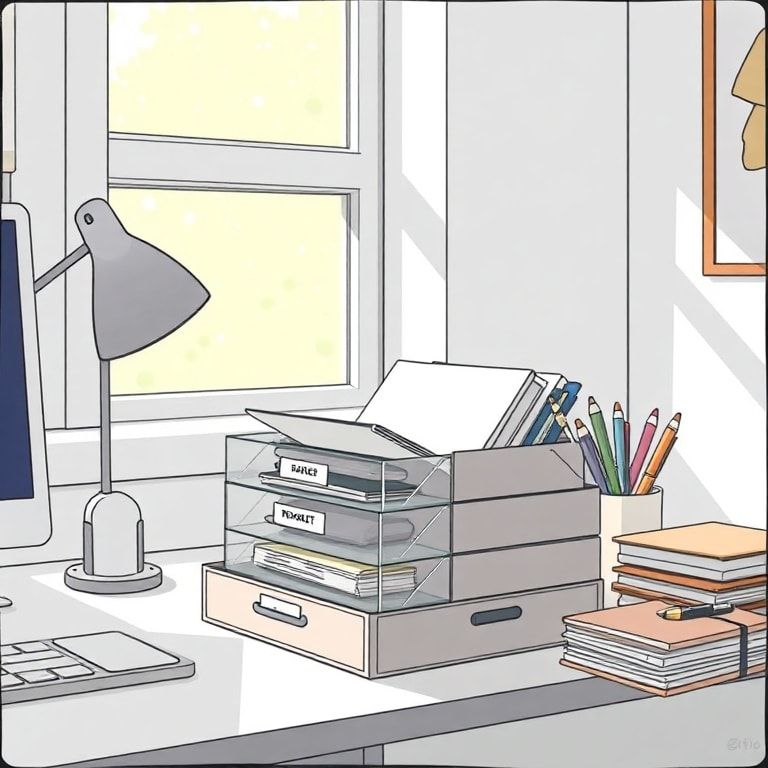 A neatly organized desk with a 3-tier paper tray, labeled compartments for documents, pens, and notebooks, minimalist and efficient workspace design, natural light streaming through a window, serene and focused atmosphere