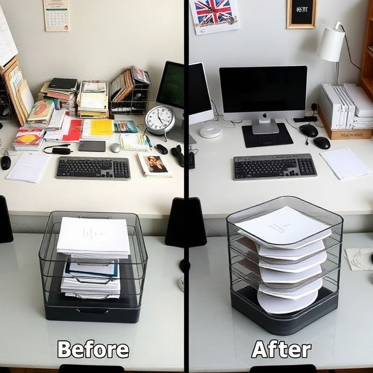 The Ultimate Guide to Organizing Your Desk 2 organizing - A comparison of a cluttered desk versus an organized desk with a 3-tier paper tray, side-by-side images highligh