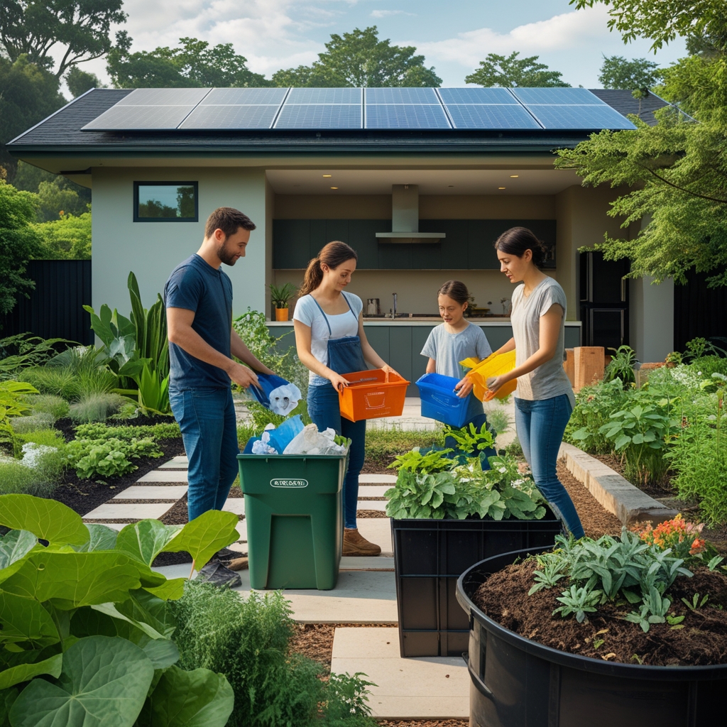 sustainable living in a modern eco-friendly home with solar panels and lush greenery, eco-conscious family sorting recyclables in the kitchen, community garden with diverse plant species and compost bins