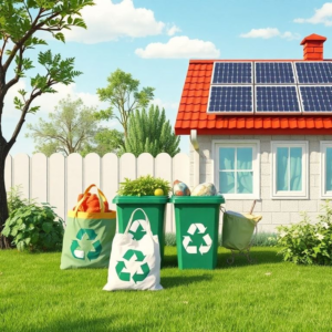 eco-friendly lifestyle with reusable bags, recycling bins, and solar panels