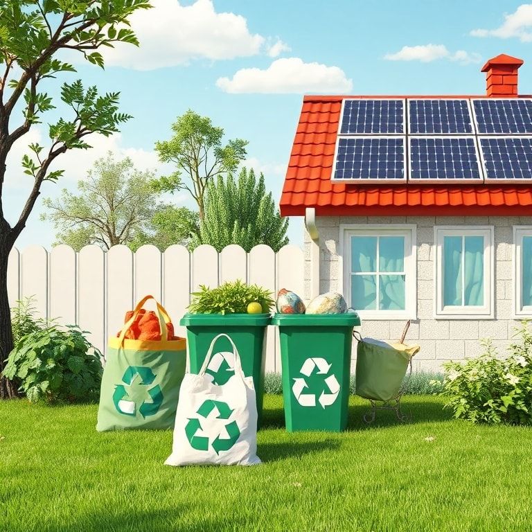 eco-friendly lifestyle with reusable bags, recycling bins, and solar panels