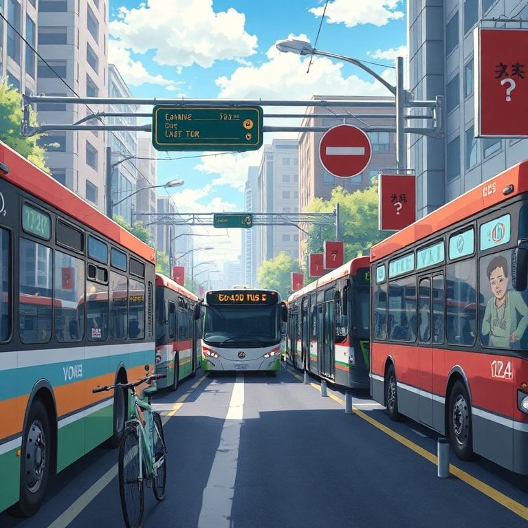 sustainable - public transportation options with buses, bikes, and pedestrians