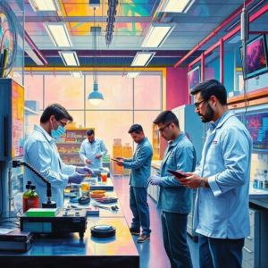 cutting-edge technology in a modern lab setting, vibrant colors and futuristic design, innovative solutions for a sustainable future, diverse group of people collaborating on a creative project, inspiring and forward-thinking atmosphere, high-tech gadgets and tools, dynamic and energetic environment