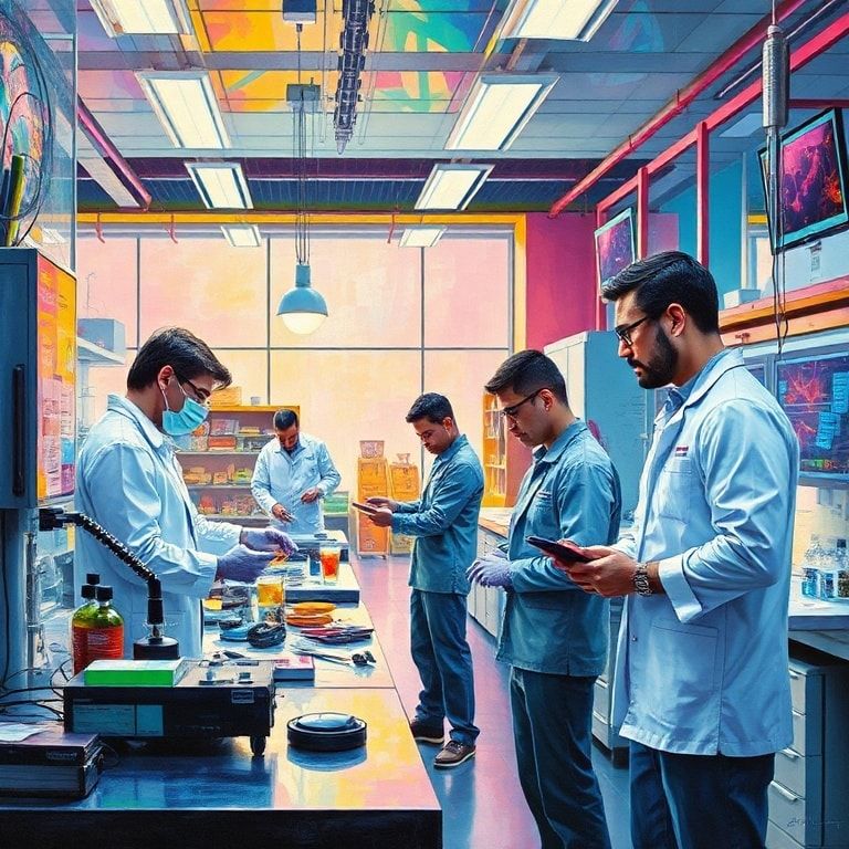 cutting-edge technology in a modern lab setting, vibrant colors and futuristic design, innovative solutions for a sustainable future, diverse group of people collaborating on a creative project, inspiring and forward-thinking atmosphere, high-tech gadgets and tools, dynamic and energetic environment