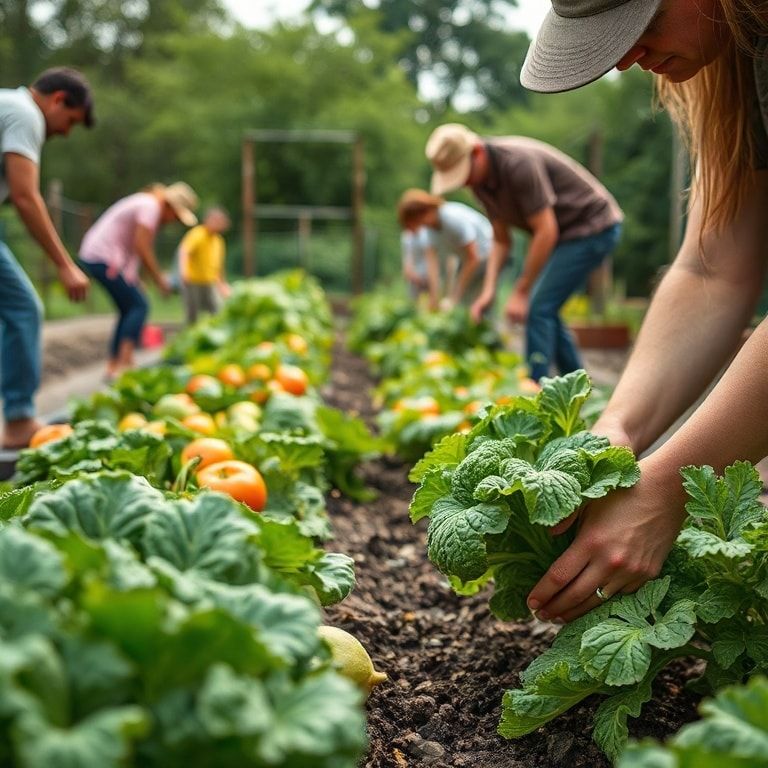 sustainable - community garden with people planting and harvesting organic vegetables