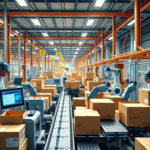 state-of-the-art cardboard box factory with automated production lines, workers overseeing machinery, modern design software interfaces, sustainable materials and practices, high-tech robotic arms, futuristic industrial setting, innovative packaging designs, vibrant colors and patterns