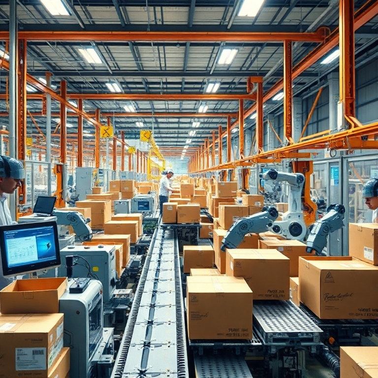 state-of-the-art cardboard box factory with automated production lines, workers overseeing machinery, modern design software interfaces, sustainable materials and practices, high-tech robotic arms, futuristic industrial setting, innovative packaging designs, vibrant colors and patterns