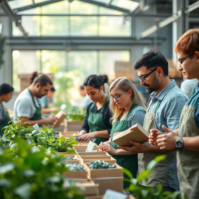A diverse group of people working in a modern eco-friendly packaging facility, using sustainable materials and innovative technologies, with green plants and natural light shining through large windows, emphasizing sustainability and teamwork.