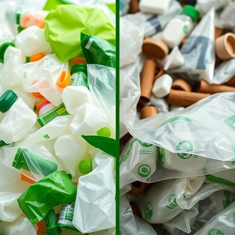 A comparison image of traditional plastic packaging waste versus eco-friendly biodegradable packaging, showcasing the environ