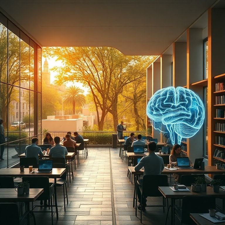 modern office with glass walls and people working on laptops, cozy Italian café terrace with coffee cups and notebooks, peaceful city park with green trees and stone pathways, minimalist living room interior with sunlight through large windows, futuristic AI holographic brain with neon lights, university library with tall bookshelves and students studying, warm natural sunlight, cinematic atmosphere, ultra realistic, highly detailed, 8k quality, photorealistic