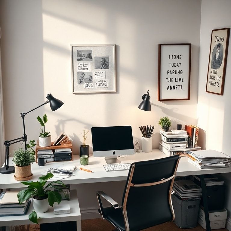 organizing - professional desk setup with computer, notebook, and office supplies, minimalist workspace with plants and natur