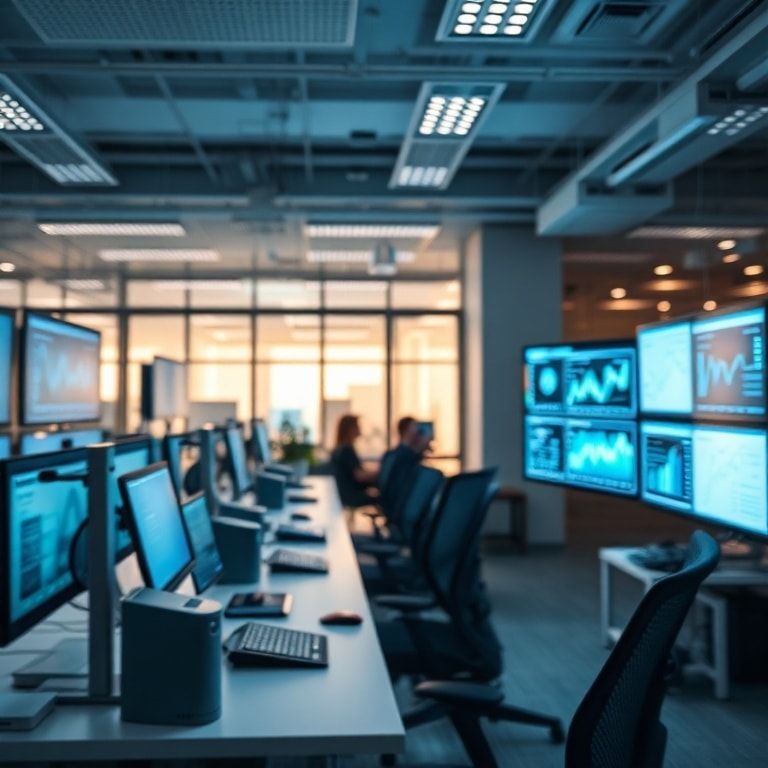 modern office with automation tools and digital screens displaying data analytics