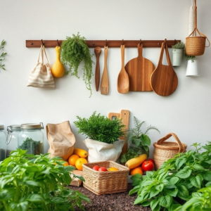 sustainable lifestyle with reusable items, eco-friendly household products, zero waste living, organic garden with fruits and vegetables, green energy sources, eco-conscious consumer choices, environmentally friendly practices