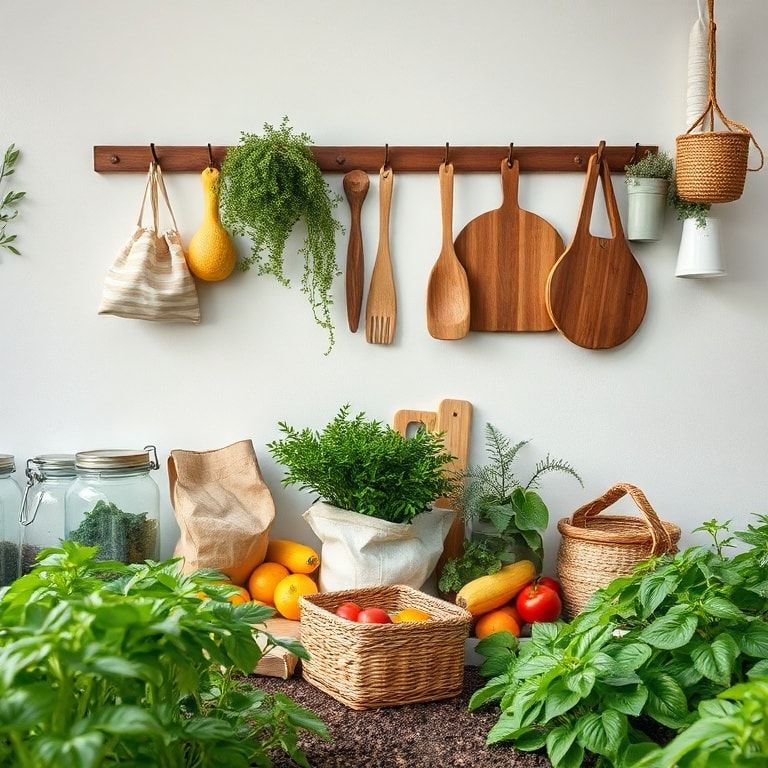 sustainable lifestyle with reusable items, eco-friendly household products, zero waste living, organic garden with fruits and vegetables, green energy sources, eco-conscious consumer choices, environmentally friendly practices