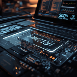 cutting-edge technology with futuristic design, sleek metallic surfaces, and glowing digital displays