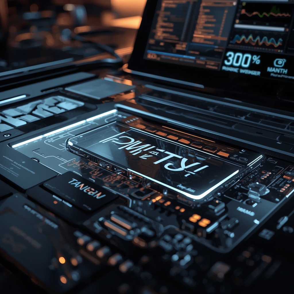 cutting-edge technology with futuristic design, sleek metallic surfaces, and glowing digital displays