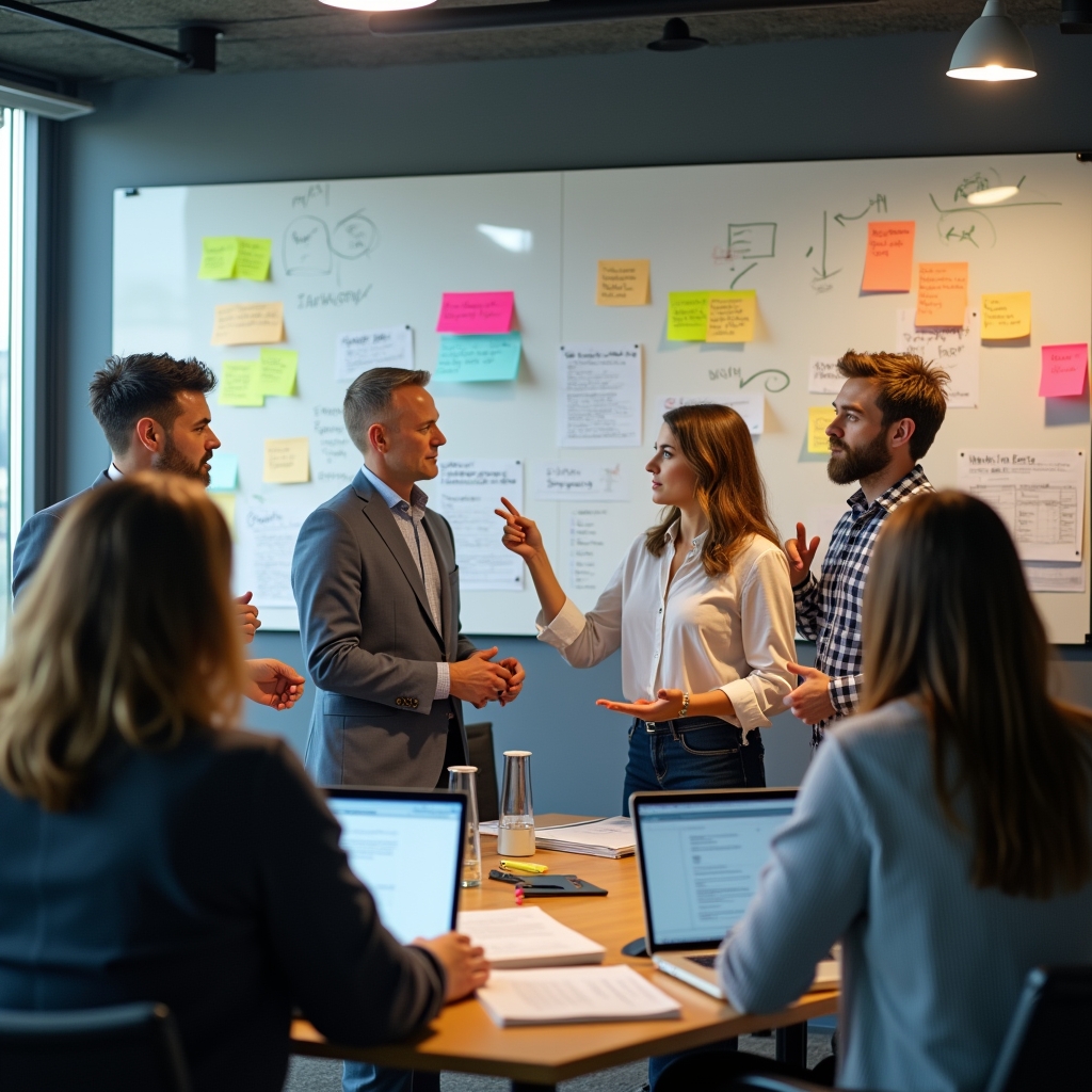 innovative - diverse group of professionals brainstorming ideas in a modern office setting, with laptops, whiteboards, and co