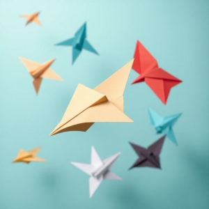 beautiful origami paper airplanes in various colors, flying gracefully through the air, intricate folds and precise creases, artistic and creative designs, stunning visual appeal