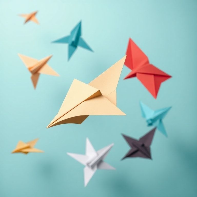 beautiful origami paper airplanes in various colors, flying gracefully through the air, intricate folds and precise creases, artistic and creative designs, stunning visual appeal