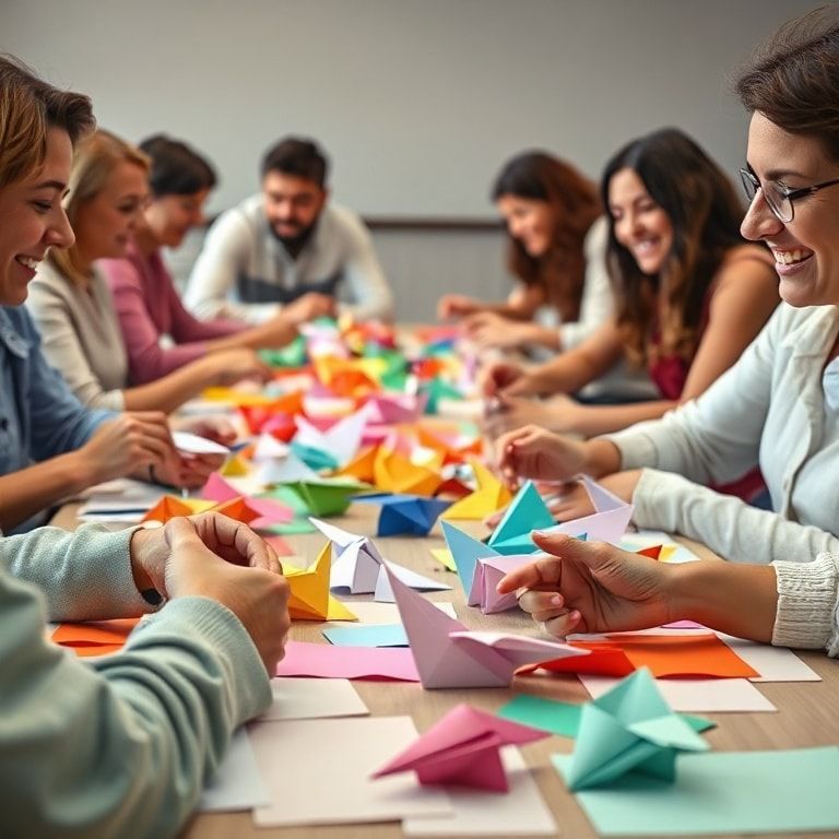 unveiling - origami workshop with diverse group of people folding paper airplanes, colorful paper sheets scattered on the tab
