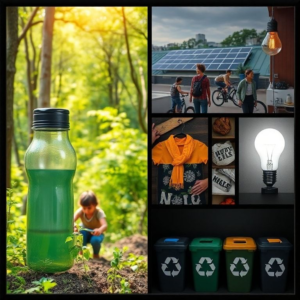 family planting trees in a lush green forest, reusable water bottle on a hiking trail, solar panels on a rooftop with sunlight, diverse group of people riding bikes in a city park, eco-friendly kitchen with compost bin and organic produce, sustainable fashion brand logo on clothing tag, energy-efficient light bulb glowing in a dark room, group of students learning about sustainability in a classroom, recycling bins with different colored labels for sorting waste