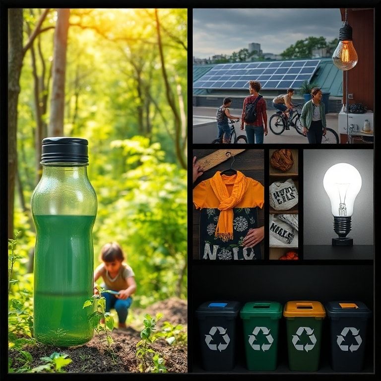 family planting trees in a lush green forest, reusable water bottle on a hiking trail, solar panels on a rooftop with sunlight, diverse group of people riding bikes in a city park, eco-friendly kitchen with compost bin and organic produce, sustainable fashion brand logo on clothing tag, energy-efficient light bulb glowing in a dark room, group of students learning about sustainability in a classroom, recycling bins with different colored labels for sorting waste