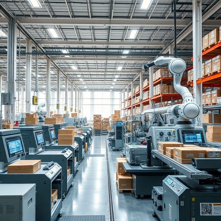 The Evolution of Technology: A Timeline of Innovation 2 evolution - modern packaging facility with automated machinery and robotic arms, high-tech RFID tracking system in a warehous