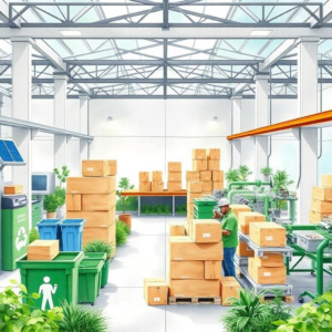 modern eco-friendly carton box manufacturing facility with solar panels, recycling bins, and green landscaping, sustainable packaging materials being used by workers, innovative machinery producing recyclable boxes, eco-conscious employees sorting materials for production