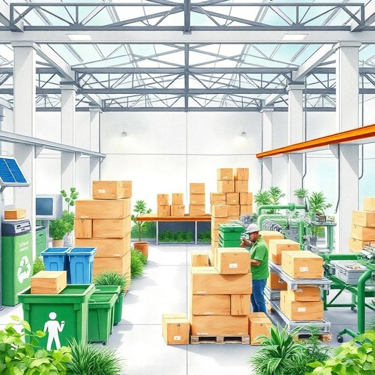 modern eco-friendly carton box manufacturing facility with solar panels, recycling bins, and green landscaping, sustainable packaging materials being used by workers, innovative machinery producing recyclable boxes, eco-conscious employees sorting materials for production