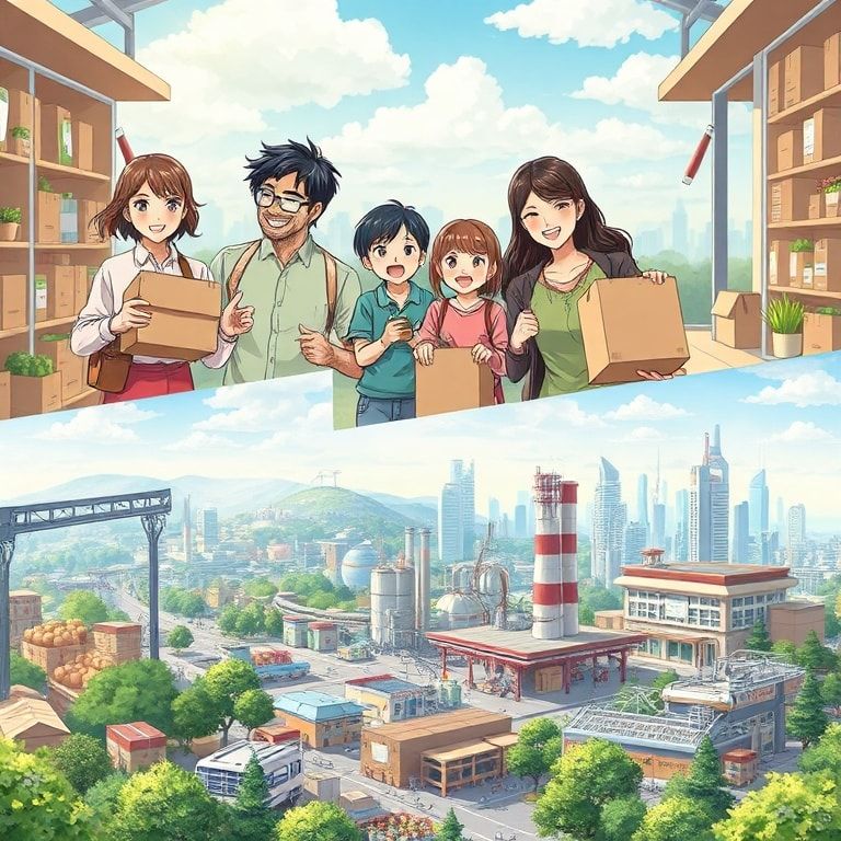eco-conscious consumers choosing sustainable carton boxes over traditional packaging, happy families recycling cardboard boxe