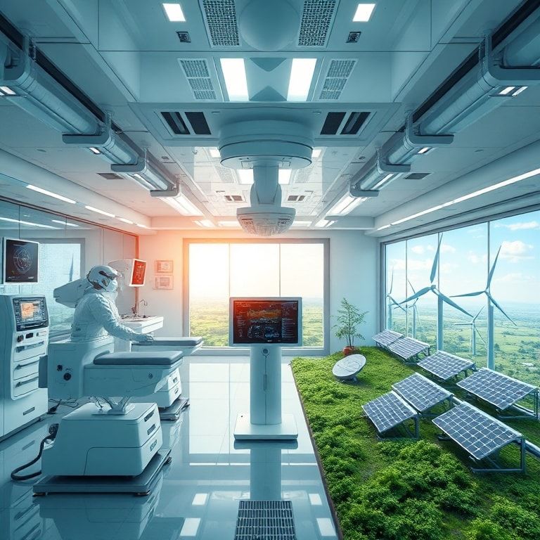 innovative technology concept with digital interface and futuristic design, advanced medical equipment in a modern hospital setting, sustainable energy sources like wind turbines and solar panels in a green landscape