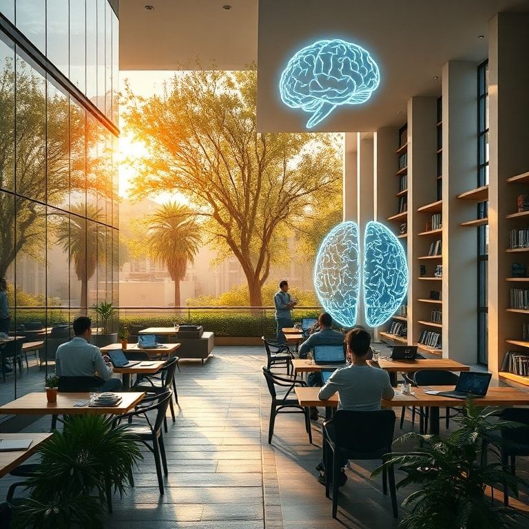 modern office with glass walls and people working on laptops, cozy Italian café terrace with coffee cups and notebooks, peaceful city park with green trees and stone pathways, minimalist living room interior with sunlight through large windows, futuristic AI holographic brain with neon lights, university library with tall bookshelves and students studying, warm natural sunlight, cinematic atmosphere, ultra realistic, highly detailed, 8k quality, photorealistic