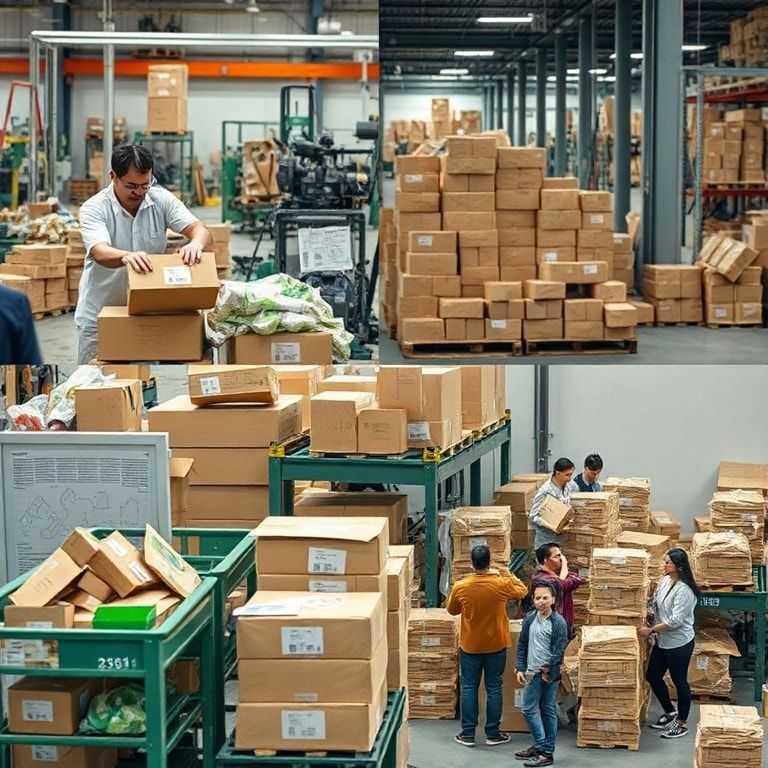 sustainable packaging process with workers handling cardboard boxes, recycling facility sorting different types of recyclable