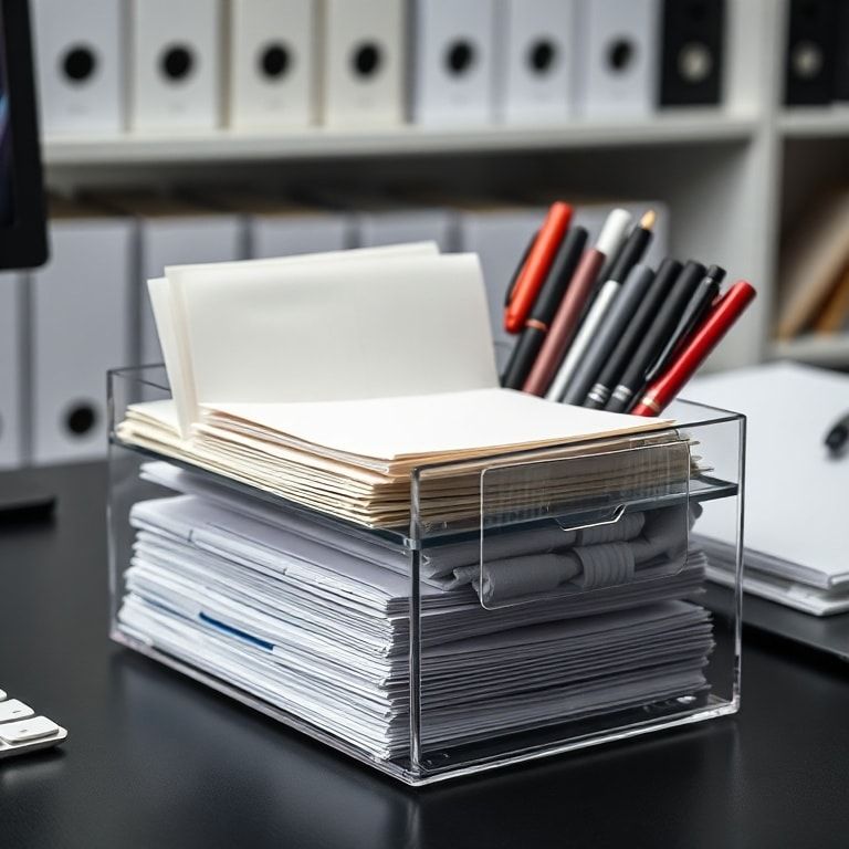 organized desk with 3-tier paper tray filled with neatly sorted documents, pens, and notepads
