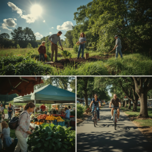 family planting trees in a lush green garden under a sunny sky, colorful farmers market with fresh produce, diverse group of people riding bicycles on a tree-lined path