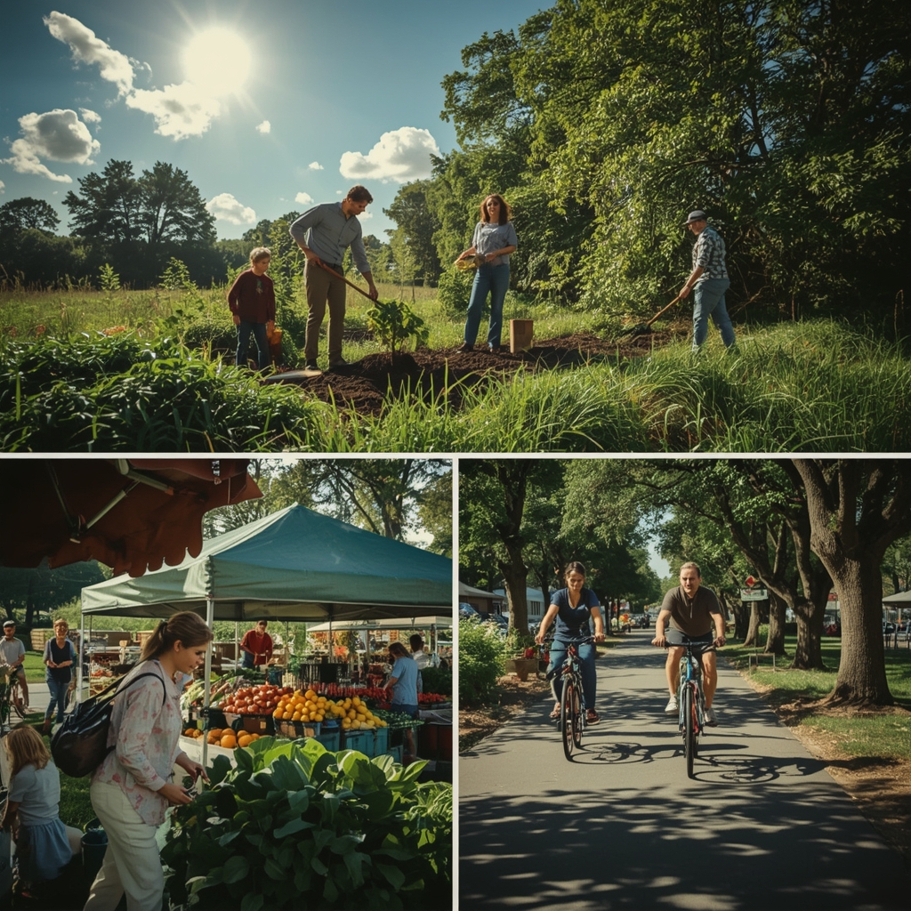 family planting trees in a lush green garden under a sunny sky, colorful farmers market with fresh produce, diverse group of people riding bicycles on a tree-lined path