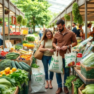 family shopping at a local farmers market, reusable bags in hand, eco-friendly household items on display, fresh organic fruits and vegetables, sustainable living lifestyle, environmentally conscious choices, sustainable agriculture practices, community support for local farmers
