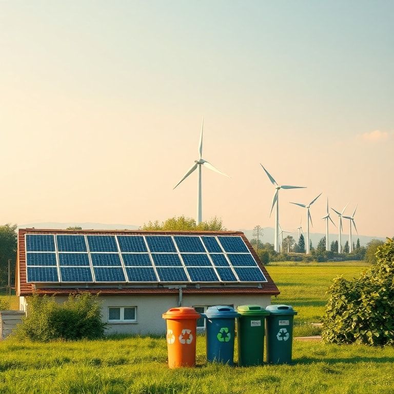 The Ultimate Guide to Sustainable Living 2 solar panels on a rooftop, wind turbines in a green field, recycling bins in a park, sustainable living benefits, eco-friendl