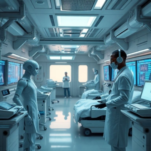 A futuristic hospital with advanced medical equipment and robotic assistants, doctors and nurses collaborating with AI systems, patients receiving personalized care in high-tech rooms, glowing screens displaying vital signs and treatment plans, a cutting-edge healthcare facility with a focus on innovation and efficiency.