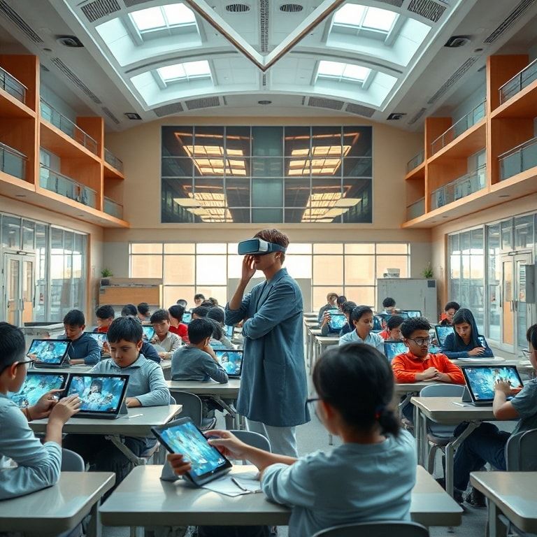 innovations - A diverse classroom of students interacting with digital tablets, a teacher using a virtual reality headset to