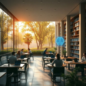 modern office with glass walls and people working on laptops, cozy Italian café terrace with coffee cups and notebooks, peaceful city park with green trees and stone pathways, minimalist living room interior with sunlight through large windows, futuristic AI holographic brain with neon lights, university library with tall bookshelves and students studying, warm natural sunlight, cinematic atmosphere, ultra realistic, highly detailed, 8k quality, photorealistic
