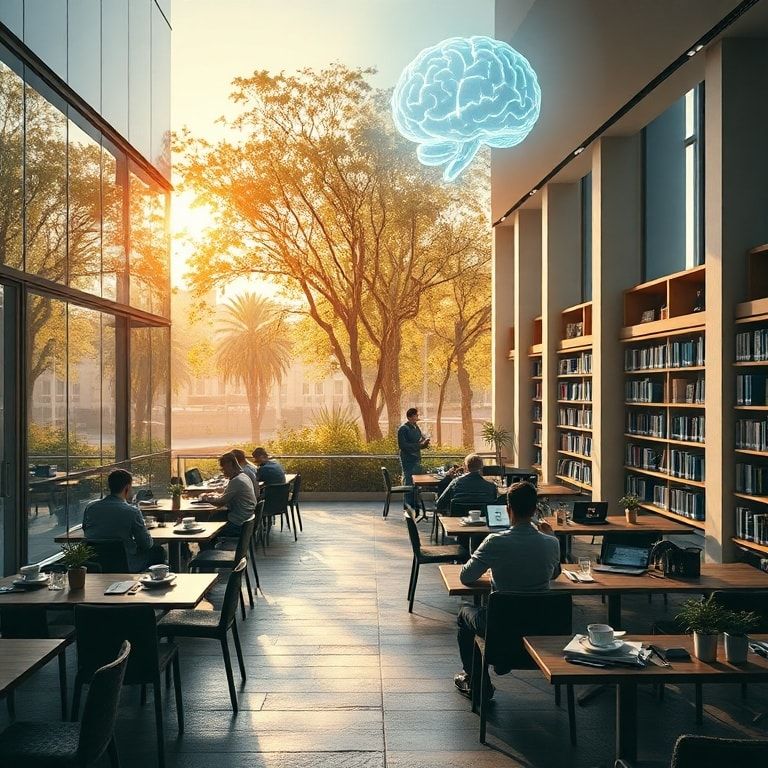 modern office with glass walls and people working on laptops, cozy Italian café terrace with coffee cups and notebooks, peaceful city park with green trees and stone pathways, minimalist living room interior with sunlight through large windows, futuristic AI holographic brain with neon lights, university library with tall bookshelves and students studying, warm natural sunlight, cinematic atmosphere, ultra realistic, highly detailed, 8k quality, photorealistic